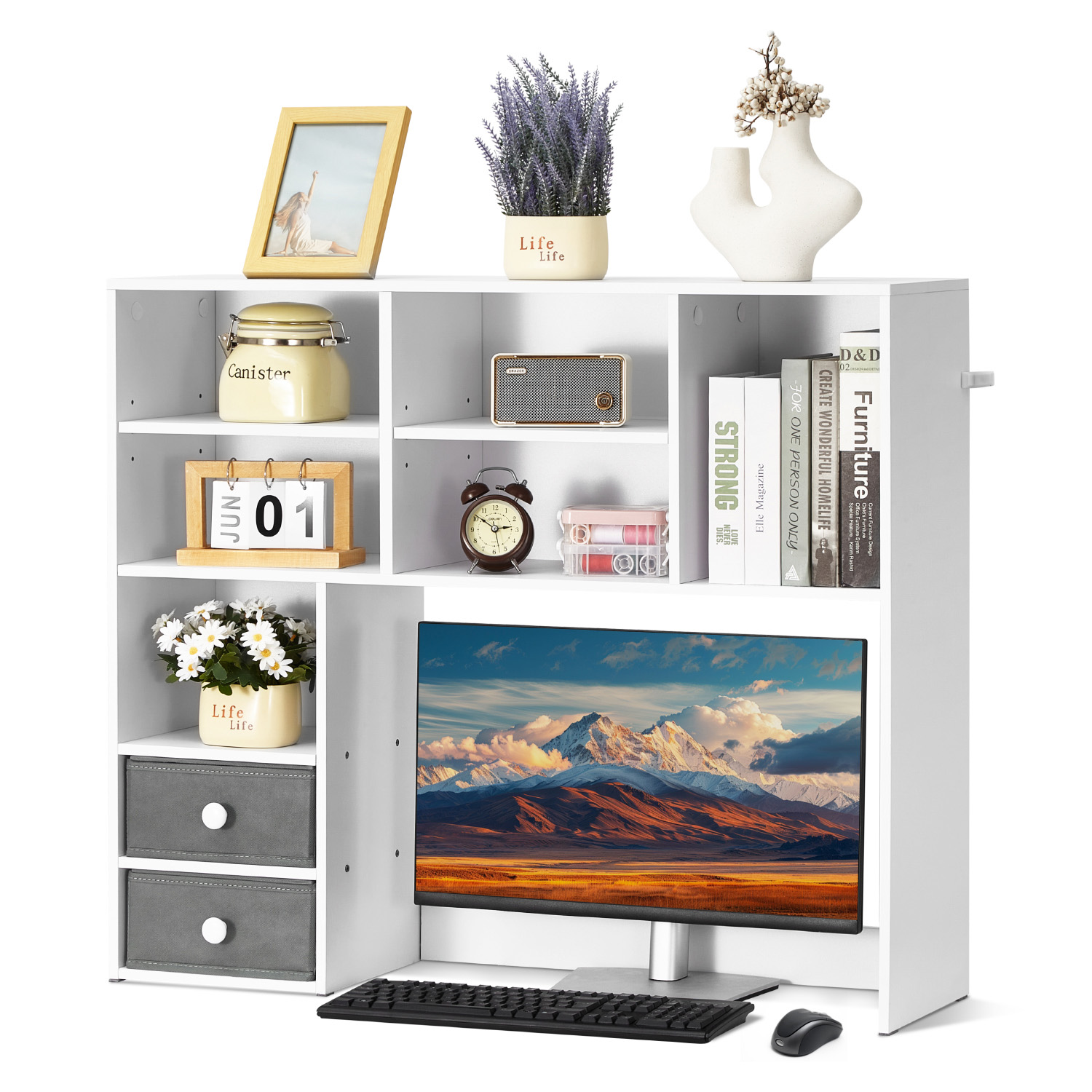Desktop Bookshelf Organizer With Drawers For Home Office Storage_voghion.com